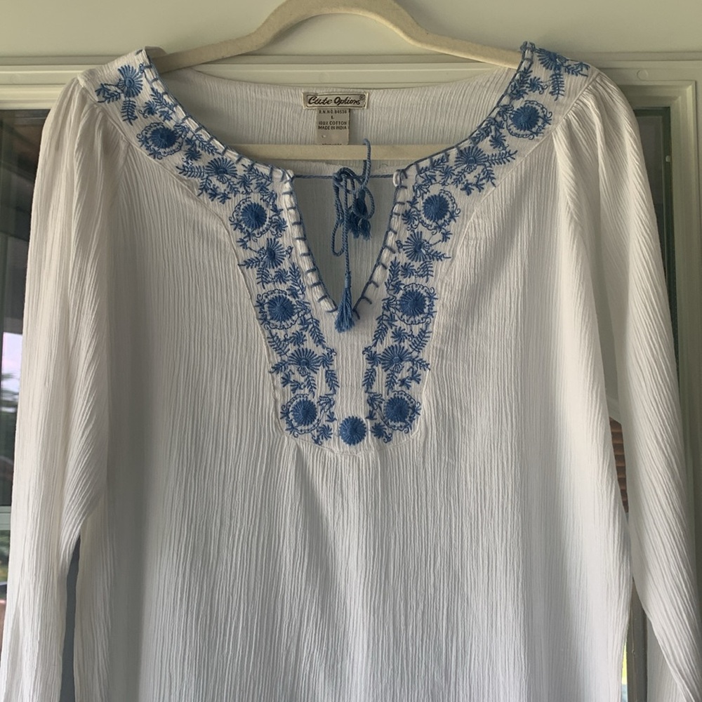100% Cotton White Boho Tunic with Blue Embroidery, Sz L (better for M)